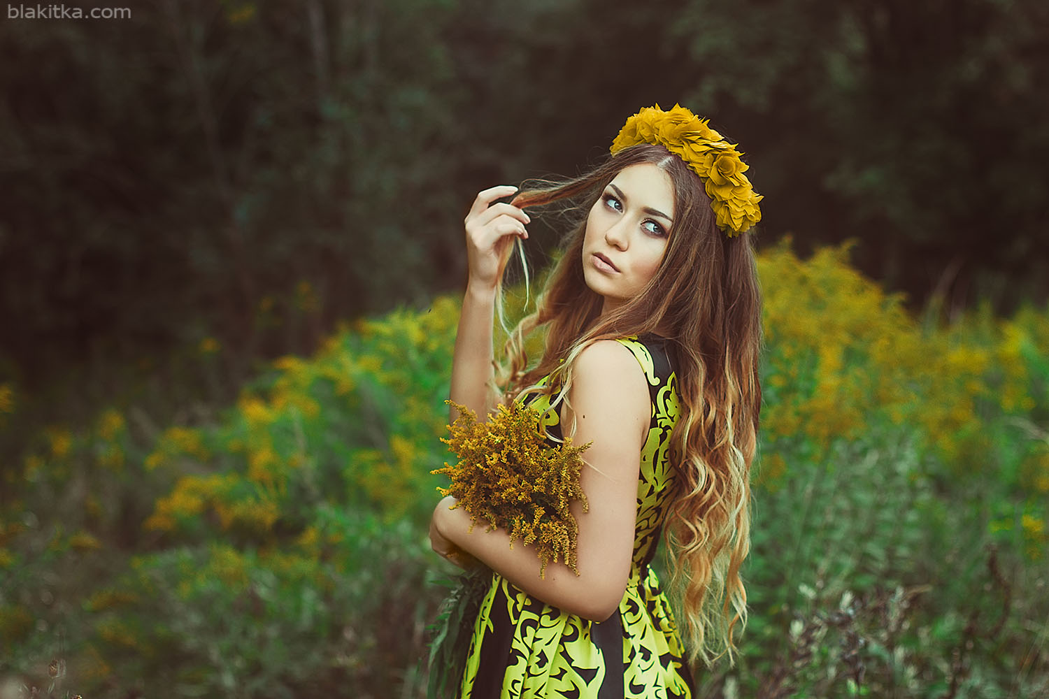 Yellow flowers, sunset, girl, white, beauty, woman