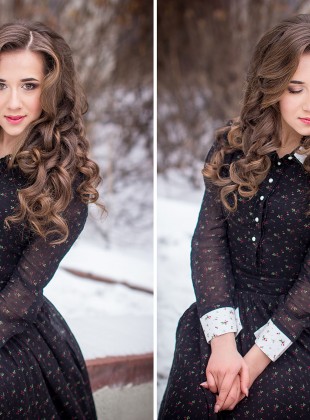 winter portrait of a beautiful girl in a long dress with snow